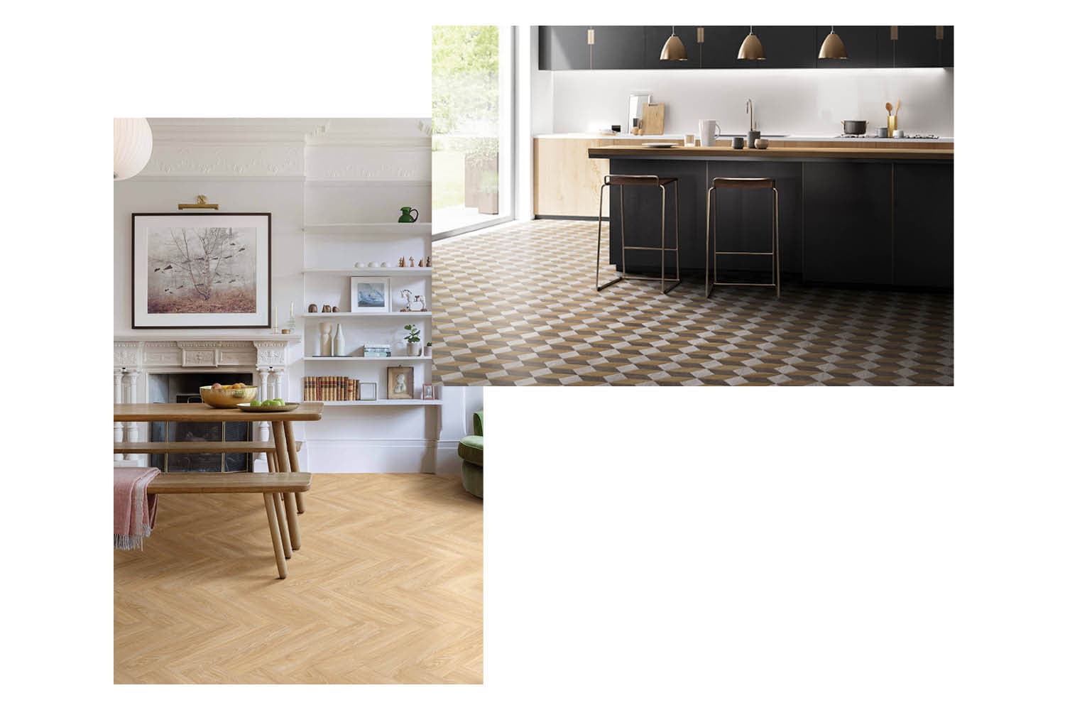 Two interior views: one showing a wood vinyl floor and one showing a Moods vinyl floor